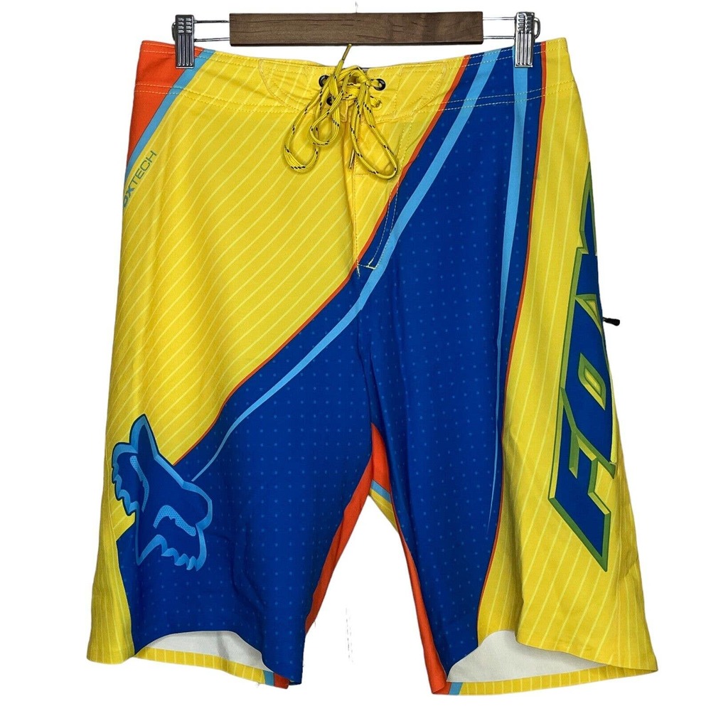 Fox Head 32 Mens Yellow Blue Drawstring Waist Comfort Swimwear Board Shorts